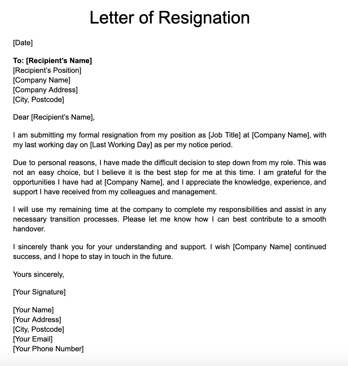 Resignation due to personal reasons template